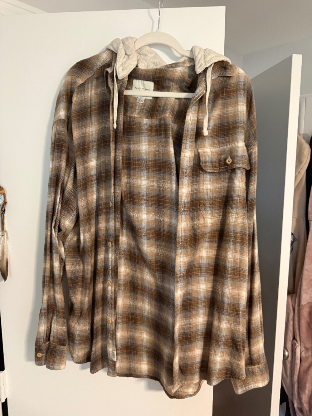 American Eagle Brown Plaid Hooded Flannel - NWOT